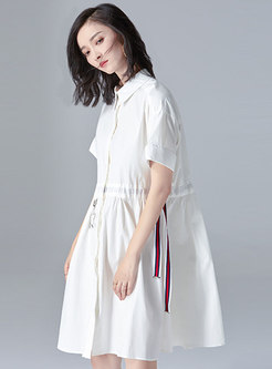 Turn-down Collar Pure Cotton Self-Tie Dress