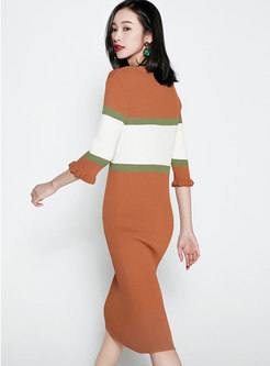 Stylish Contrast-color Puff Sleeve Wrap Knitted Dress