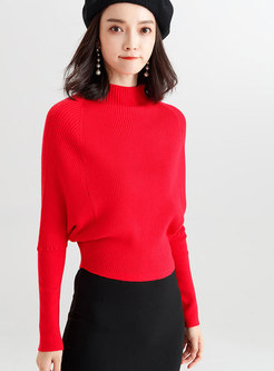 Stand Collar Pure Color Batwing Sleeve Sweater