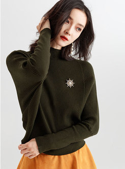 Stand Collar Pure Color Batwing Sleeve Sweater