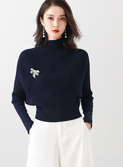 Stylish Stand Collar Pure Color Batwing Sleeve Sweater