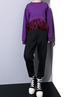 Solid Color Asymmetric Loose Sweatshirt With Feathers