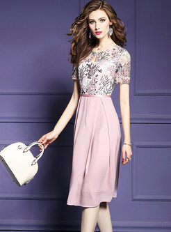 Pink Mesh Embroidered Hollow Out Splicing Dress