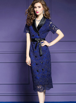 Color-blocked Turn Down Collar Tie-waist Lace Dress