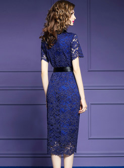 Color-blocked Turn Down Collar Tie-waist Lace Dress