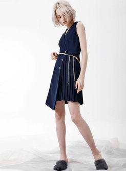 Pure Color Splicing V-neck Sleeveless Belted Asymmetric Dress