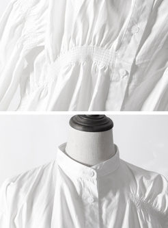 White Single-breasted Lantern Sleeve Gathered Waist Asymetric Mini Dress