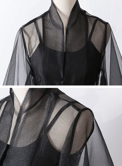 Black Single-breasted Puff Sleeve Perspective Blouse With Caim