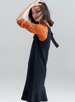 V-neck Sleeveless Monochrome Flouncing Hem Knitted Dress