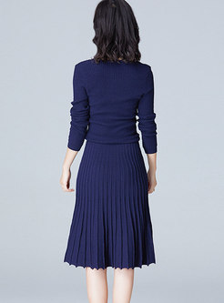 Fashion Sapphire Blue Plus Size Pleated Knitted Dress