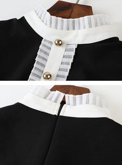 Vintage Color-blocked Ruffled Collar Flare Sleeve Waist Dress