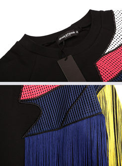 Color-blocked Splicing Tassel Patch Loose Sweatshirt