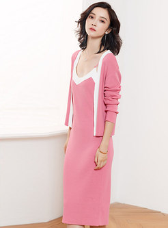 Trendy Contrast-Color Ribbed Sleeve Dress & Knitted Cardigan