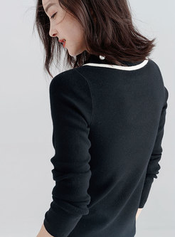Black Contrast-Collar Long Sleeve Knitted Sweater 