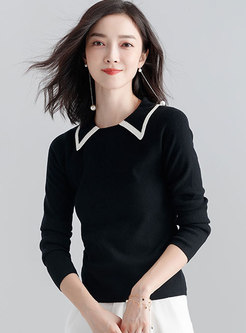 Black Contrast-Collar Long Sleeve Knitted Sweater 