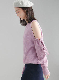Cold Shoulder Bowknot Pullover Knitted Sweater
