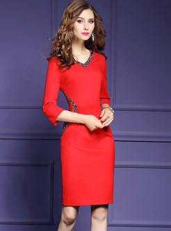 Solid Color V-neck Slim Sheath Dress
