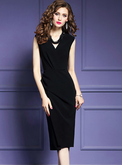 Solid Color V-neck Sleeveless Sheath Asymmetric Dress