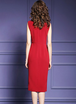 Red V-neck High Waist Asymmetric Bodycon Dress