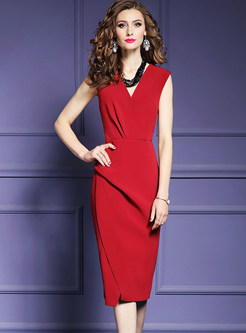 Red V-neck High Waist Asymmetric Bodycon Dress