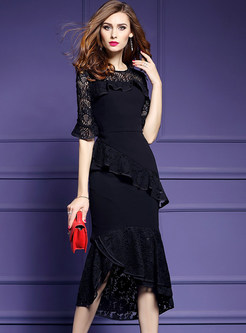 Stylish Lace Flare Sleeve Irregular Hem Dress