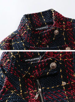 Color-blocked Grid Zippered Short Coat