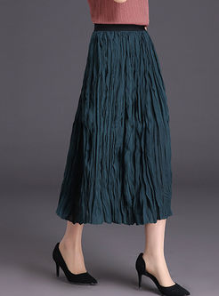 solid Color Elastic Waist Pleated Skirt