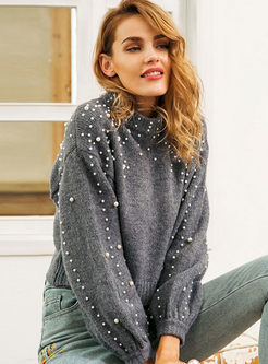 Solid Color Lantern Sleeve High Neck Beaded Sweater