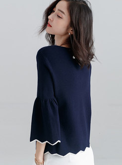 Crew-neck Petal Sleeve Scalloped Trim Knitted Sweater