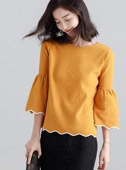 Crew-neck Petal Sleeve Scalloped Trim Knitted Sweater