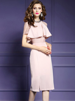 Pink O-neck Beaded Lace Splicing Slim Slit Dress