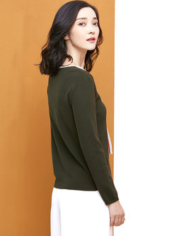 Trendy Green Turn-down Collar Loose Sweater