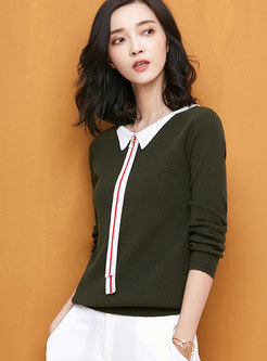 Trendy Green Turn-down Collar Loose Sweater