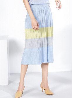Casual Color-block Striped Pleated Slim Maxi Skirt
