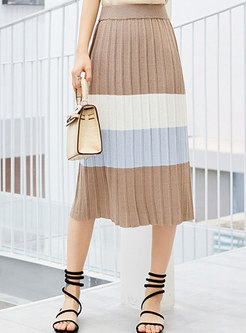 Casual Color-block Striped Pleated Slim Maxi Skirt