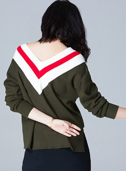 Stylish Army Green Double V-neck Striped Contrast-color Sweater