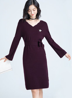 Autumn V-neck Cinched Waist Belted Knitted Dress