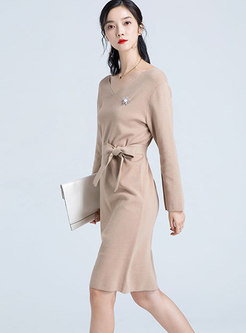 V-neck Cinched Waist Ribbed Sleeve Knitted Dress