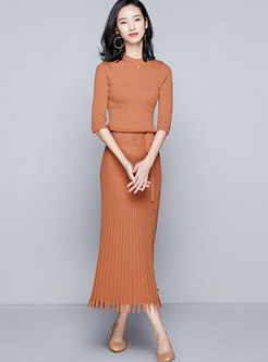 Brown Fringed Gathered Waist Pleated Knitted Dress