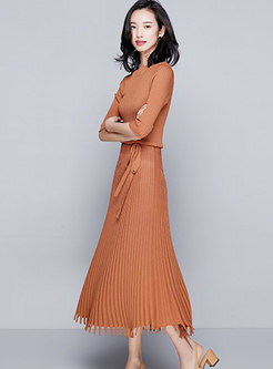 Brown Fringed Gathered Waist Pleated Knitted Dress