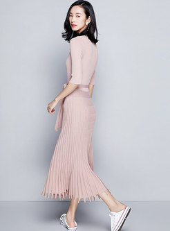 Fashion Gathered Waist Knitted Dress With Tied Tassel