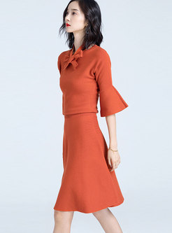 Brief Half Flare Sleeve Tied Front Knitted Dress