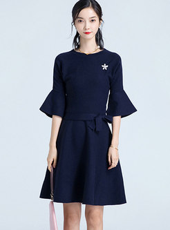 Brief Flare Sleeve Tied Front Gathered Waist Knitted Dress