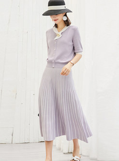 Brief Contrast-color Half Sleeve Top & Pleated Skirt
