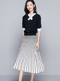 Brief Contrast-color Half Sleeve Top & Pleated Skirt
