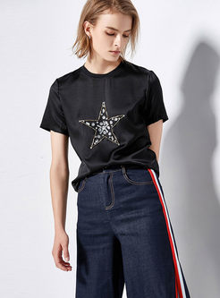 Casual Black Star Drilling O-neck T-shirt