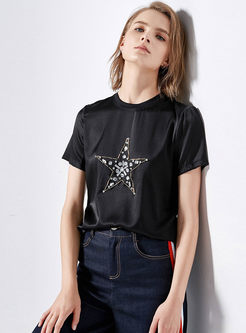 Casual Black Star Drilling O-neck T-shirt