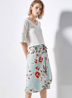 Trendy Print High Waist Tied Slit Skirt