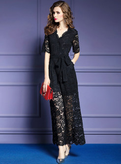 Half Sleeve Lace Perspective Tied Straight Jumpsuits