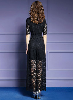 Half Sleeve Lace Perspective Tied Straight Jumpsuits